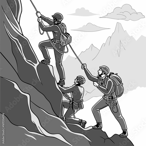 Team of Climbers Ascending Rocky Mountainside in Grayscale Illustration