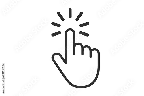 Hand click cursor pointer icon with tap gesture rays. Black line art mouse hand click symbol. Touch screen mobile app UI UX, loading animation element on transparent background