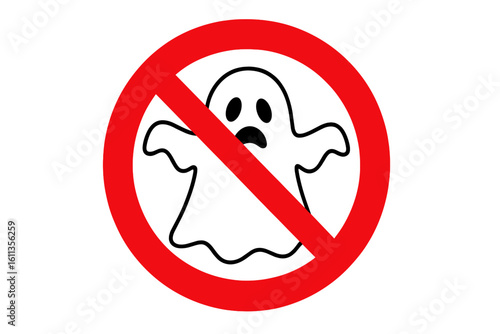 Ghost prohibition sign icon, cartoon no ghosts halloween warning symbol, haunted house safety notice, paranormal banned silhouette, red circle with slash horror vector illustration