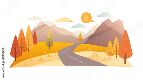 Autumn road trip scenic landscape illustration with mountains trees and clouds vector background design