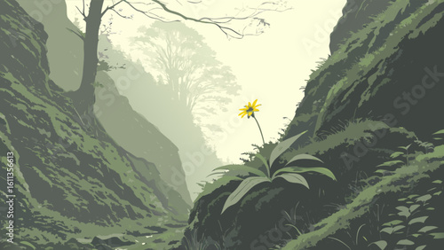 Explore scenic landscape view of mountain valley with yellow flower nature illustration art design