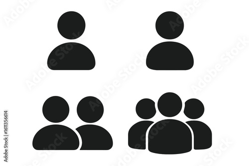 User avatar icon set, flat silhouette profile pictograms of single person, couple, team, group, crowd, community, staff, customer, social network contact, vector illustration isolated