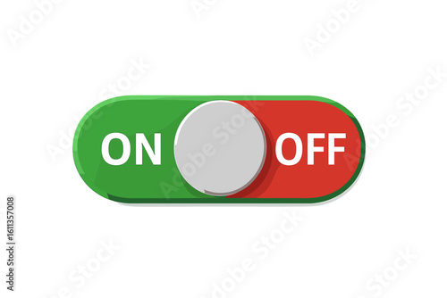 On off toggle switch button slider icon. Green on red off status indicator. Power control UI element. Glossy vector illustration isolated on white background for app settings