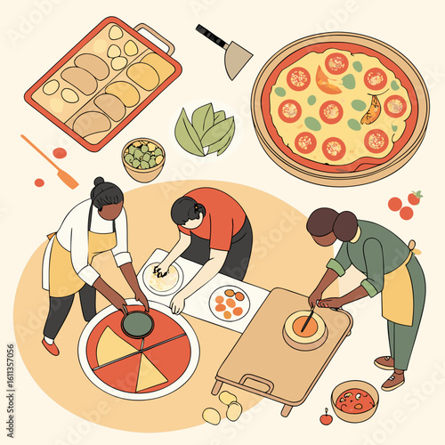 Three Chefs Collaboratively Preparing Pizza In A Restaurant Kitchen