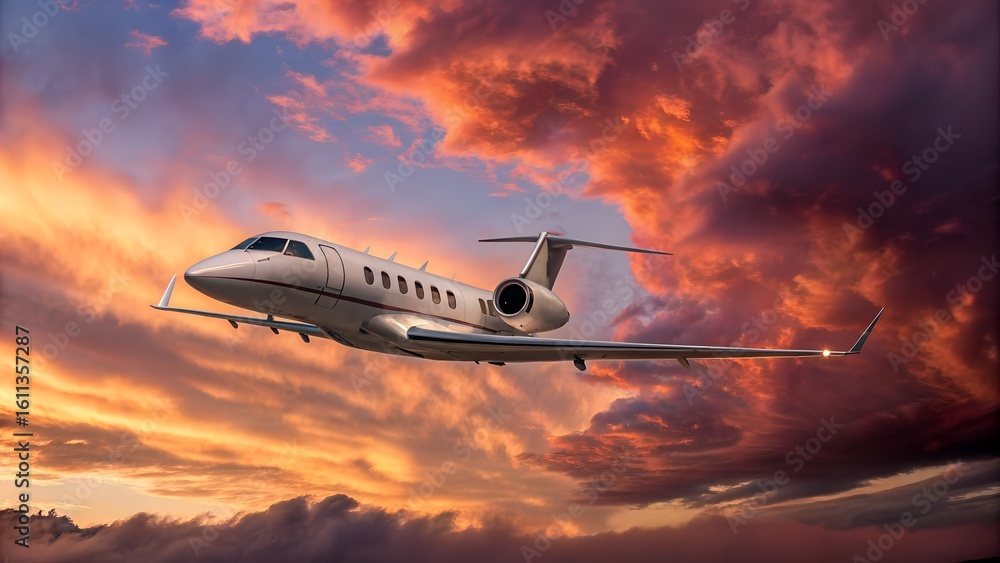 Fototapeta premium Luxury private jet soaring through dramatic sunset clouds