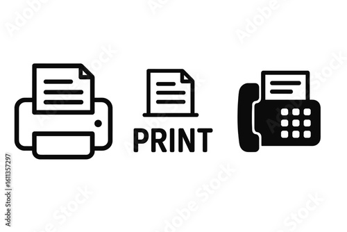 Printer icon, print document symbol with paper sheet, office fax machine pictogram, simple black silhouette sign for UI button, web app, infographic, isolated vector illustration