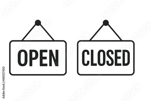 Open and closed hanging door sign icons set, black outline shop notice placards for business hours, vector illustration, transparent isolated clipart on white background