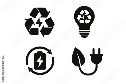 Recycling Energy Icon Set—Black Silhouette Symbols for Sustainable Electricity: Recycle Arrows, Eco Light Bulb, Renewable Battery Charge, Green Leaf Power Plug Vector Illustration