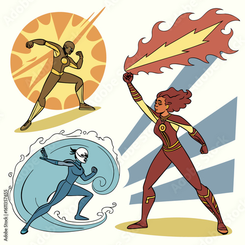 Three Superheroes with Fire, Water and Electricity Powers in Retro Comic Book Style