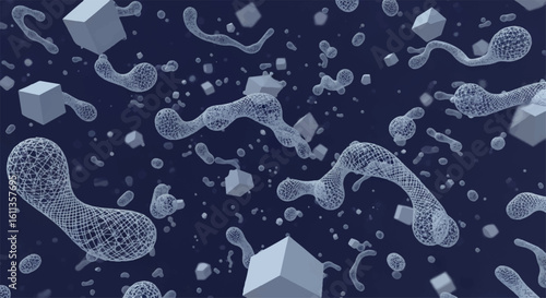 Abstract 3D rendering of floating cubes and organic shapes against a dark blue background.