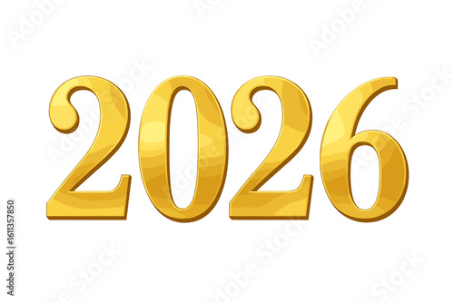 Golden 2026 New Year numbers vector illustration. Metallic gold digits isolated on white background. Festive typography design for holiday cards, posters, banners and calendars