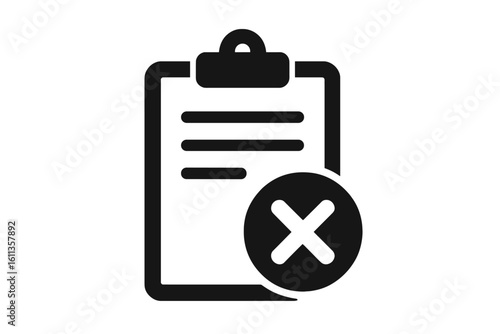 Rejected document clipboard icon with bold cross mark. Denied file form, failed checklist, declined paperwork, application error symbol, sign on transparent background vector
