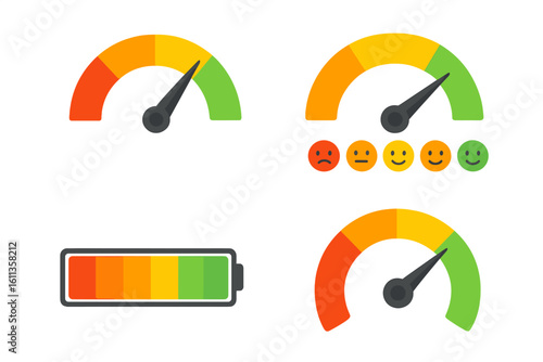Colorful gauge and battery level indicator set, customer satisfaction meter with emoji ratings, speedometer, progress bar, tachometer dial, power level infographic UI icons vector