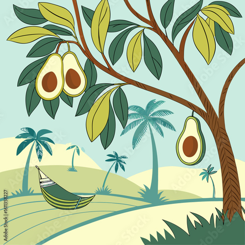 Tropical Avocado Tree Landscape Illustration