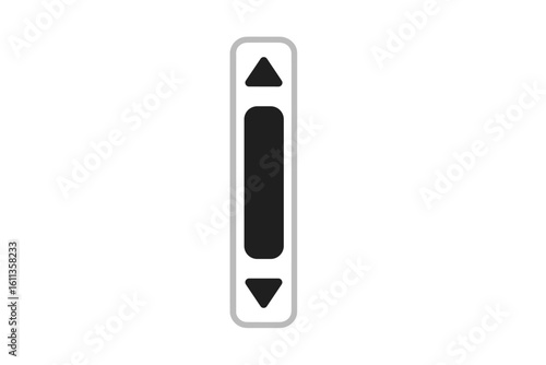 Vertical scrollbar UI element with up arrow, down arrow and draggable thumb, flat minimal glyph icon for web navigation control, black vector illustration on transparent background