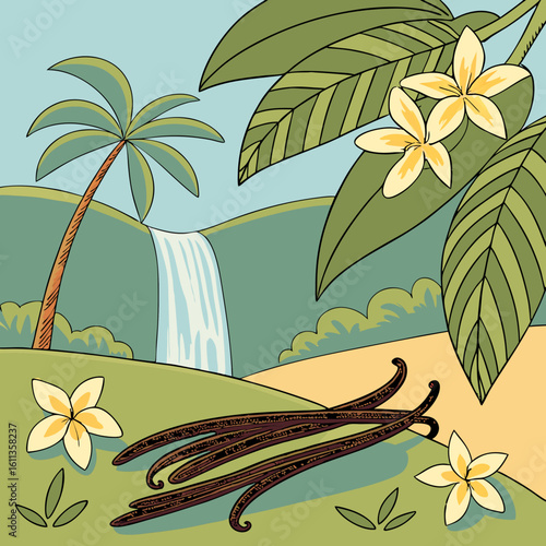 Tropical Vanilla Beans Illustration with Waterfall and Flowers
