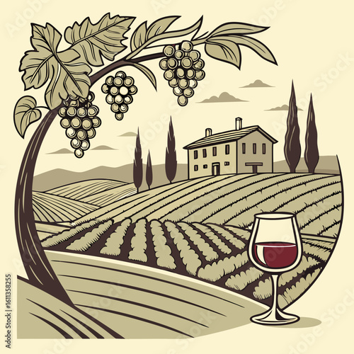 Tuscan Vineyard Landscape with Wineglass Illustration