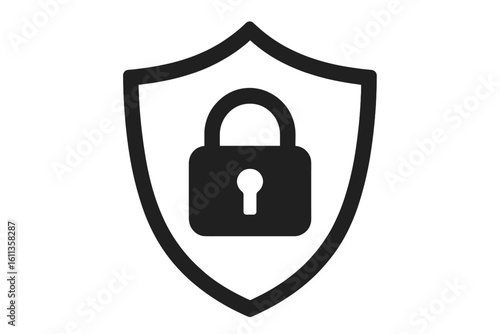 Cyber security shield icon with padlock silhouette symbol. Data protection, privacy lock emblem, antivirus firewall defense, secure login authentication guard vector illustration