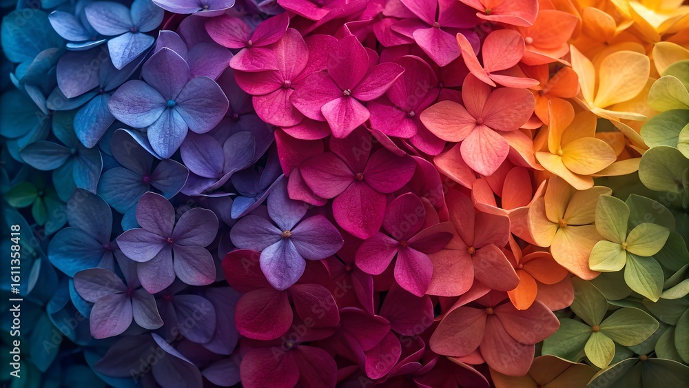 Obraz premium Vibrant rainbow gradient of hydrangea flowers in full bloom