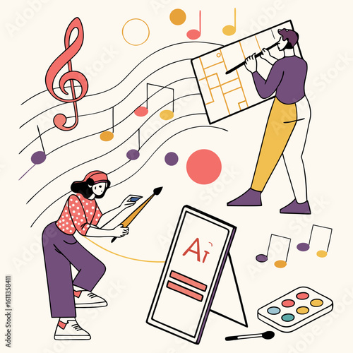 Two Artists Collaborating on a Colorful Music and Painting Project