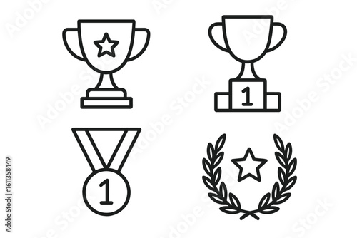 Outline trophy, medal, podium cup and laurel wreath icons set — linear award symbols for winner, champion, achievement, success, victory, prize, editable stroke vector isolated