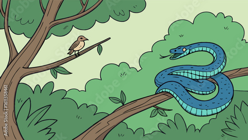 Cartoon blue snake with red eyes in a jungle environment with tall grass and trees in the background