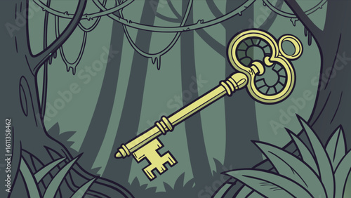 Golden ornate key hanging from a vine in a stylized jungle environment with lush foliage and dark trees