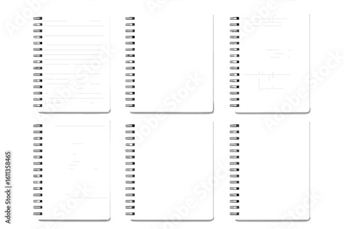 Realistic set of six spiral notebooks mockup templates isolated on white: ruled lined, dot grid, square graph, plain pages copybook collection, clean stationery vector illustration