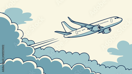 Airplane taking off with cloud trails in the sky on a bright day in a cartoon style illustration