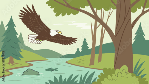 Eagle flying over a river with trees and mountains in the background in a cartoon style image