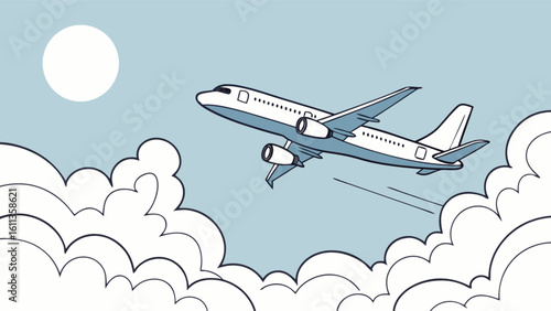 Airplane flying in a blue sky with clouds and a sun in a cartoon style illustration in vector format