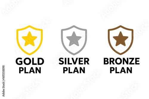 Membership plan tier icons set. Gold silver bronze subscription levels. Premium loyalty program badges. Shield star vector illustration. VIP service upgrade symbols