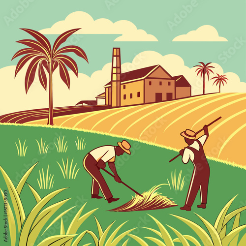 Two Farmers Harvesting Crops in a Sunny Field