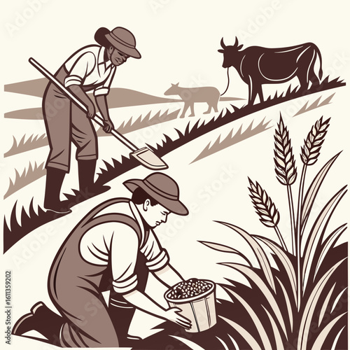 Two Farmworkers Harvesting Wheat in a Rural Field