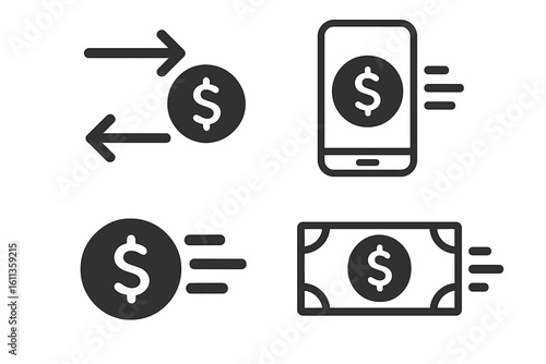 Money transfer icon set. Digital payment symbols with dollar signs. Banking transaction, financial exchange, mobile payment system. Express money sending vector illustration