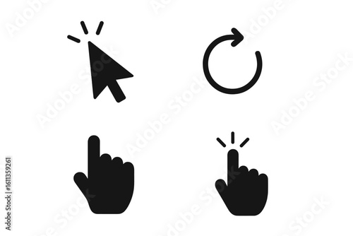 Black mouse cursor pointer icons set. Click hand loading refresh arrows. Computer UI web mobile app interface design. Vector illustration transparent background
