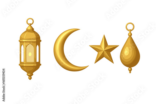Golden Islamic decorative elements set. Arabic luxury ornaments lantern crescent moon star. Ramadan Eid festival symbols. Middle Eastern traditional culture vector
