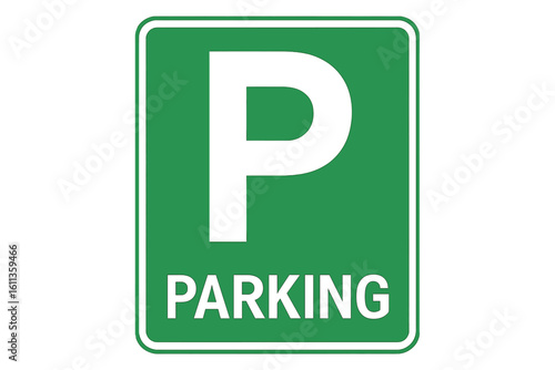 Green parking sign vector illustration with white P symbol and text. Traffic road signage icon for urban transportation, vehicle parking area designation, printable design