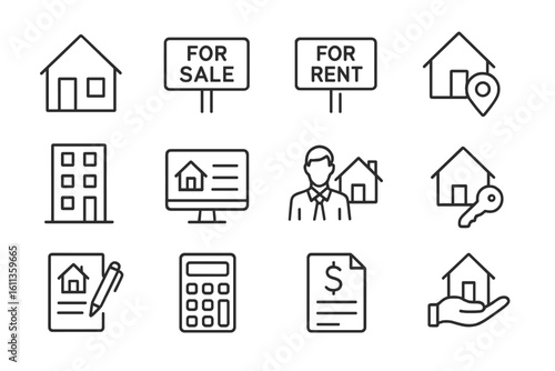 Real estate property icons set. Simple line vector symbols house home rent sale agent calculator key contract. Website app UI interface design elements collection
