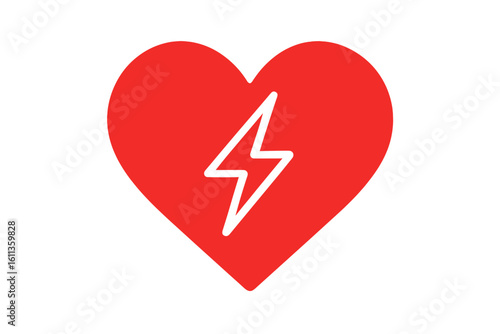 Red heart with lightning bolt electricity symbol inside. Energy love passion power concept. Medical cardiac defibrillator health vitality icon vector illustration