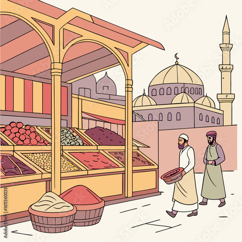 Two Men Walking Through a Vibrant Middle Eastern Spice Market