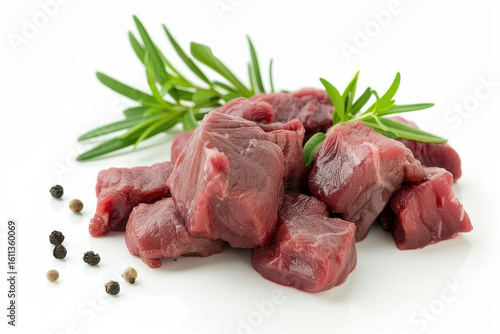 Fresh raw beef cubes with herbs and spices on a white background, ready for cooking or grilling.