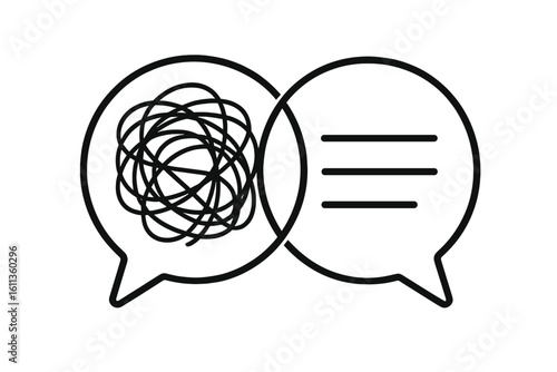 Mental health counseling icon: overlapping speech bubbles with chaotic scribble vs clean lines showing confusion to clarity, psychotherapy, brainstorming, problem solving symbol
