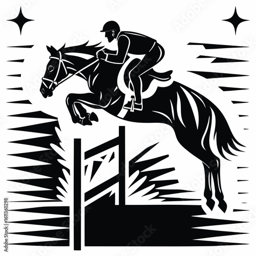 Equestrian Elegance A Horse and Rider Jump Illustrated in Striking Black and White Silhouette Art