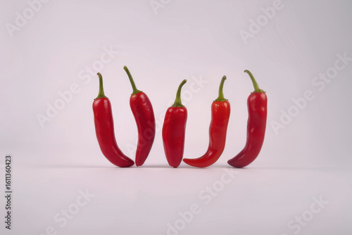 Fresh red chili peppers with green stems, isolated on a white background, showcasing vibrant color and spicy flavor.