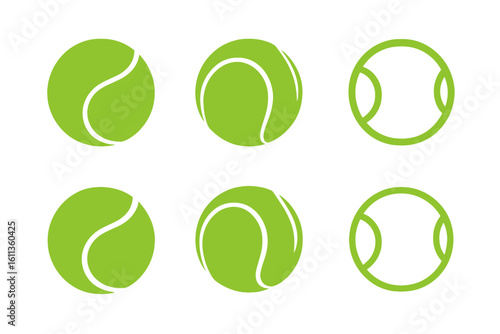 Set of green tennis ball icons in flat and outline styles, isolated sports symbols for game and match design, vector illustration for logo, app, infographic on transparent background
