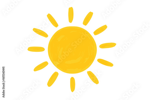 Bright yellow hand drawn sun icon with brushstroke rays, cheerful summer sunshine symbol, playful cartoon doodle illustration, isolated transparent vector clipart, seasonal design