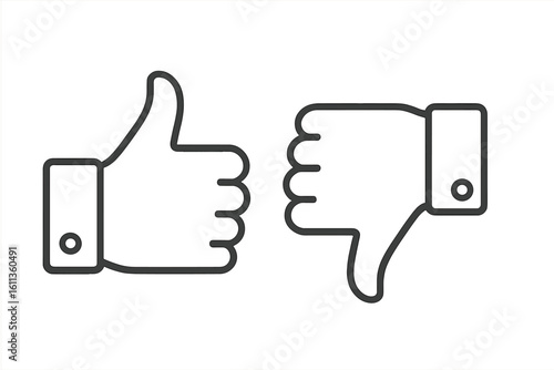 Thumbs up and thumbs down outline icons. Like dislike symbols. Feedback approval rating vote concept. Thin line stroke social media review vector illustration isolated on white.