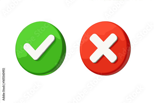 Green checkmark and red cross 3D buttons vector set. Yes no decision symbols. Accept reject icons. UI elements transparent background. Approval denial signs