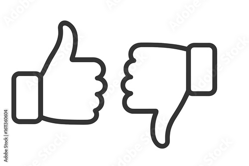 Thumb up and down icons set, like dislike gestures, approve reject vote symbol, social media feedback rating, app button, black line vector illustration on transparent PNG